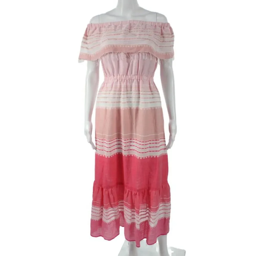 Lemlem Womens Pink Striped Off Shoulder Maxi Dress Cotton Short Sleeve Size XS